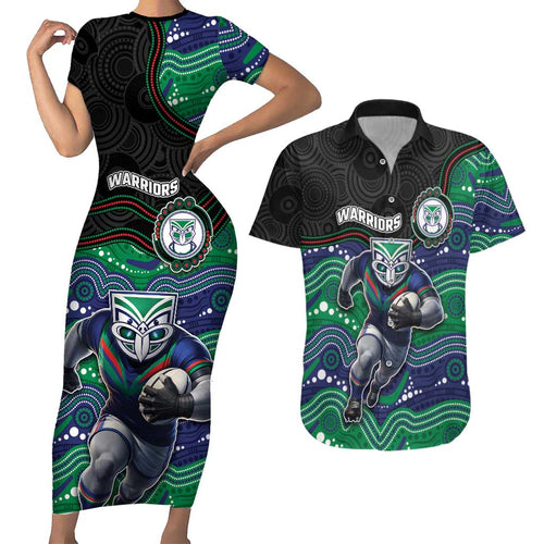 Custom Warriors Couples Matching Short Sleeve Bodycon Dress and Hawaiian Shirt Tiki Mascot With Aboriginal Indigenous