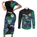 Custom Warriors Couples Matching Short Sleeve Bodycon Dress and Long Sleeve Button Shirt Tiki Mascot With Aboriginal Indigenous