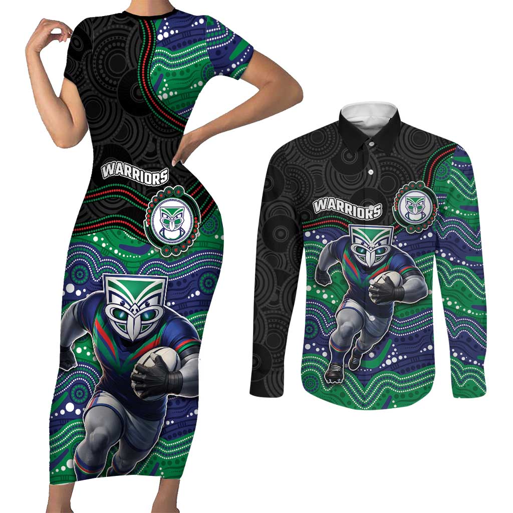 Custom Warriors Couples Matching Short Sleeve Bodycon Dress and Long Sleeve Button Shirt Tiki Mascot With Aboriginal Indigenous