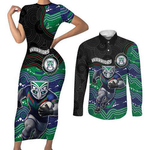 Custom Warriors Couples Matching Short Sleeve Bodycon Dress and Long Sleeve Button Shirt Tiki Mascot With Aboriginal Indigenous