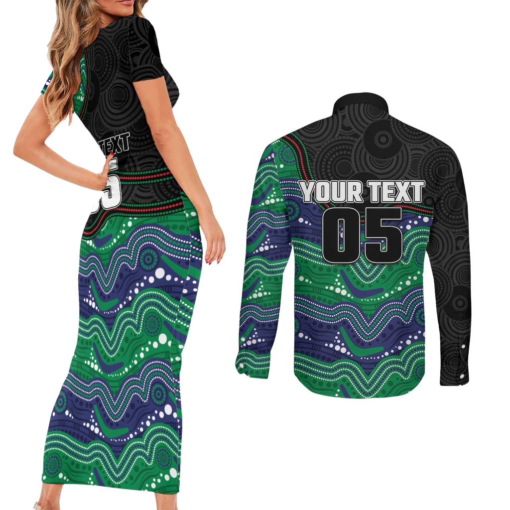 Custom Warriors Couples Matching Short Sleeve Bodycon Dress and Long Sleeve Button Shirt Tiki Mascot With Aboriginal Indigenous