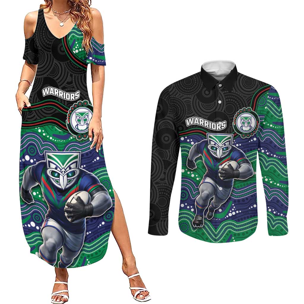 Custom Warriors Couples Matching Summer Maxi Dress and Long Sleeve Button Shirt Tiki Mascot With Aboriginal Indigenous