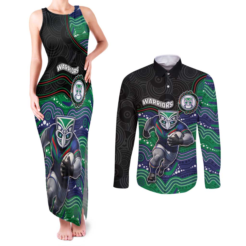 Custom Warriors Couples Matching Tank Maxi Dress and Long Sleeve Button Shirt Tiki Mascot With Aboriginal Indigenous