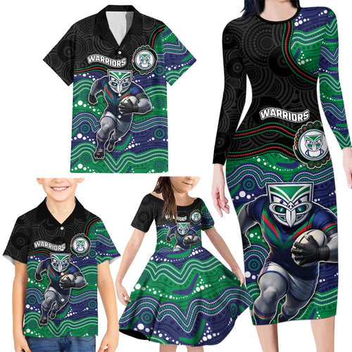 Custom Warriors Family Matching Long Sleeve Bodycon Dress and Hawaiian Shirt Tiki Mascot With Aboriginal Indigenous