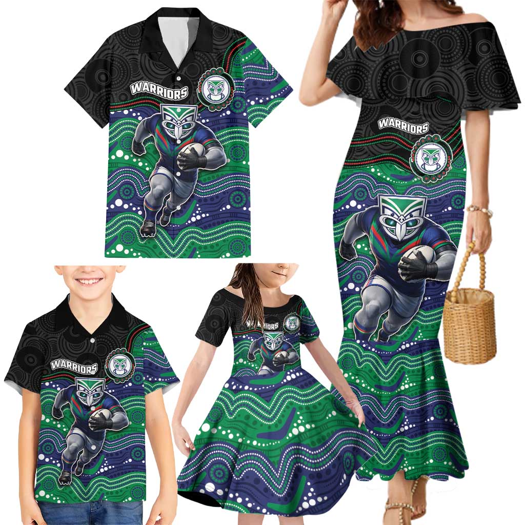 Custom Warriors Family Matching Mermaid Dress and Hawaiian Shirt Tiki Mascot With Aboriginal Indigenous