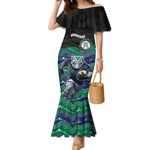 Custom Warriors Family Matching Mermaid Dress and Hawaiian Shirt Tiki Mascot With Aboriginal Indigenous