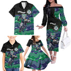 Custom Warriors Family Matching Off The Shoulder Long Sleeve Dress and Hawaiian Shirt Tiki Mascot With Aboriginal Indigenous
