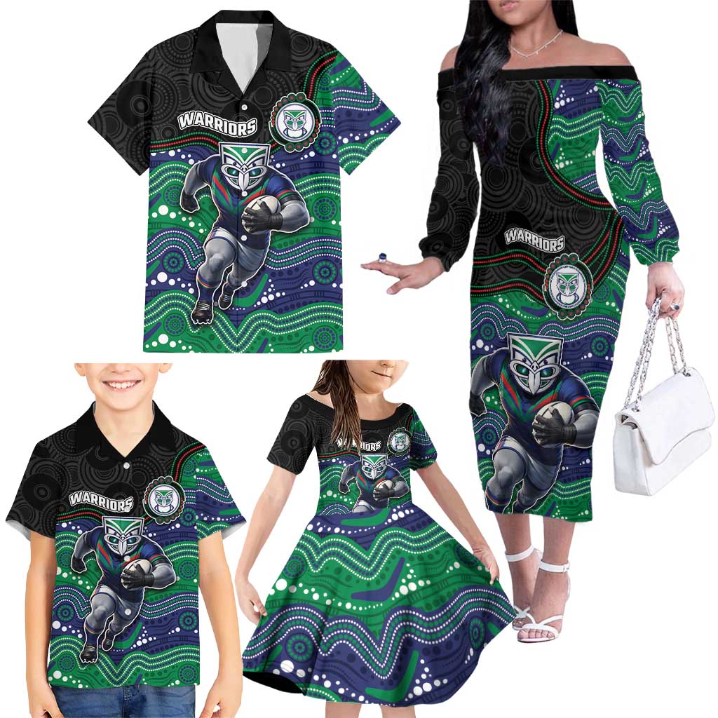 Custom Warriors Family Matching Off The Shoulder Long Sleeve Dress and Hawaiian Shirt Tiki Mascot With Aboriginal Indigenous