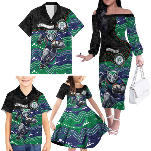 Custom Warriors Family Matching Off The Shoulder Long Sleeve Dress and Hawaiian Shirt Tiki Mascot With Aboriginal Indigenous