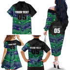 Custom Warriors Family Matching Off The Shoulder Long Sleeve Dress and Hawaiian Shirt Tiki Mascot With Aboriginal Indigenous