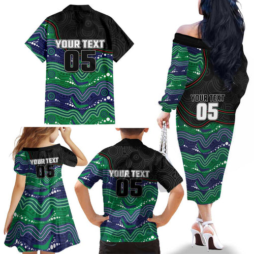 Custom Warriors Family Matching Off The Shoulder Long Sleeve Dress and Hawaiian Shirt Tiki Mascot With Aboriginal Indigenous