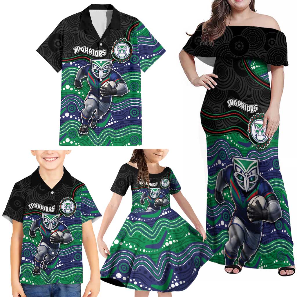 Custom Warriors Family Matching Off Shoulder Maxi Dress and Hawaiian Shirt Tiki Mascot With Aboriginal Indigenous