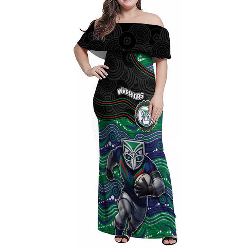 Custom Warriors Family Matching Off Shoulder Maxi Dress and Hawaiian Shirt Tiki Mascot With Aboriginal Indigenous
