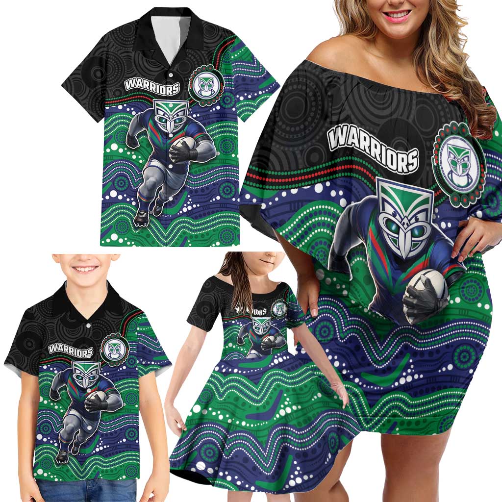 Custom Warriors Family Matching Off Shoulder Short Dress and Hawaiian Shirt Tiki Mascot With Aboriginal Indigenous