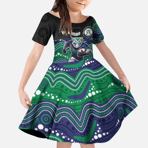 Custom Warriors Family Matching Off Shoulder Short Dress and Hawaiian Shirt Tiki Mascot With Aboriginal Indigenous