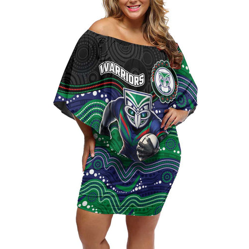 Custom Warriors Family Matching Off Shoulder Short Dress and Hawaiian Shirt Tiki Mascot With Aboriginal Indigenous