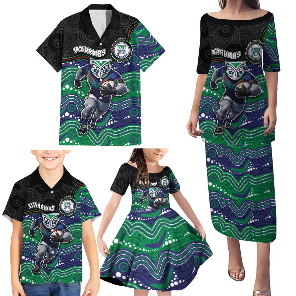 Custom Warriors Family Matching Puletasi and Hawaiian Shirt Tiki Mascot With Aboriginal Indigenous