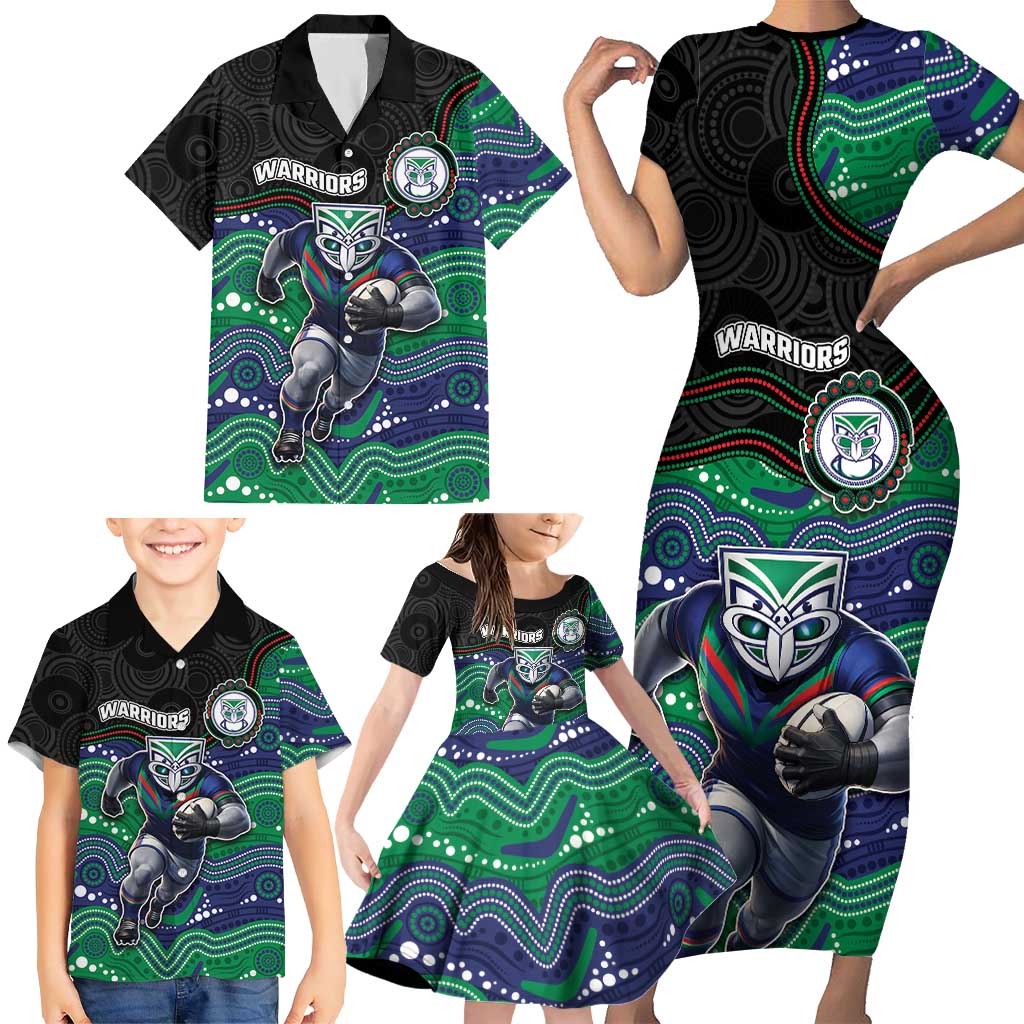 Custom Warriors Family Matching Short Sleeve Bodycon Dress and Hawaiian Shirt Tiki Mascot With Aboriginal Indigenous