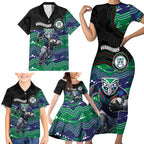 Custom Warriors Family Matching Short Sleeve Bodycon Dress and Hawaiian Shirt Tiki Mascot With Aboriginal Indigenous