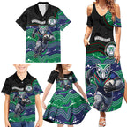 Custom Warriors Family Matching Summer Maxi Dress and Hawaiian Shirt Tiki Mascot With Aboriginal Indigenous