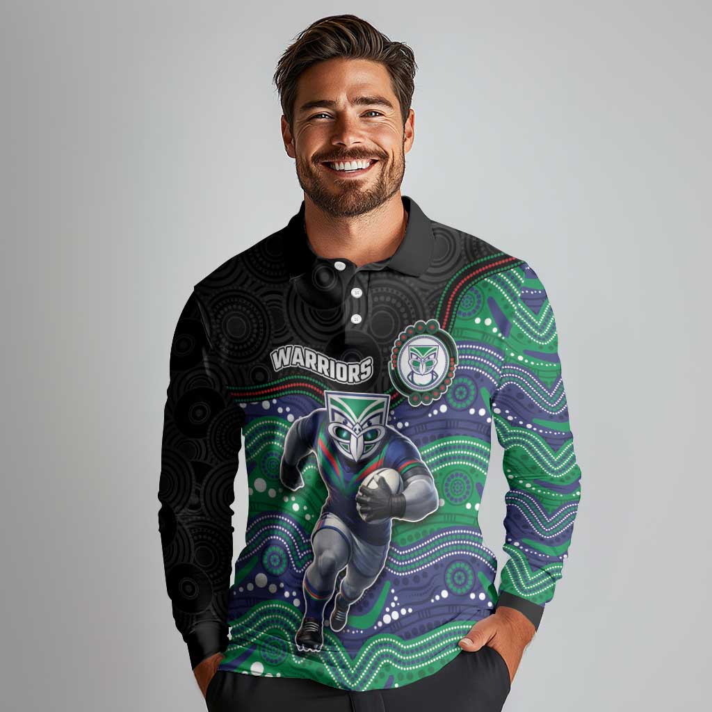 Custom Warriors Long Sleeve Polo Shirt Tiki Mascot With Aboriginal Indigenous