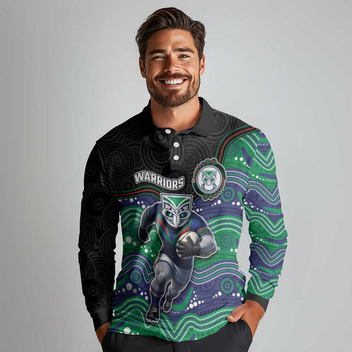 Custom Warriors Long Sleeve Polo Shirt Tiki Mascot With Aboriginal Indigenous