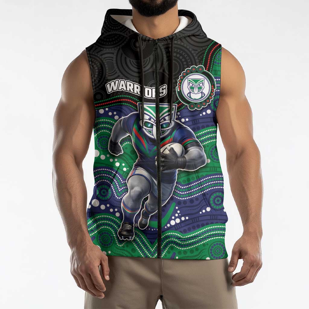 Custom Warriors Sleeveless Zip Hoodie Tiki Mascot With Aboriginal Indigenous