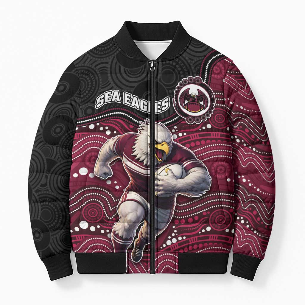 Custom Sea Eagles Bomber Puffer Jacket Bird Mascot With Aboriginal Indigenous