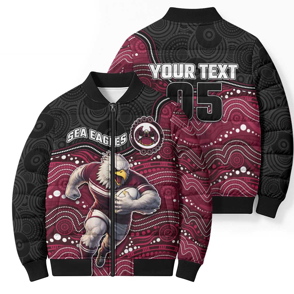 Custom Sea Eagles Bomber Puffer Jacket Bird Mascot With Aboriginal Indigenous