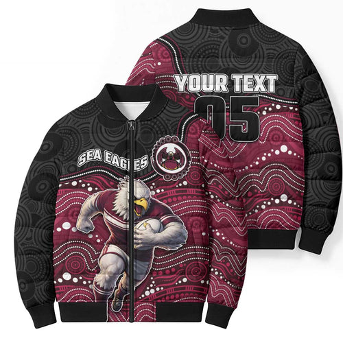 Custom Sea Eagles Bomber Puffer Jacket Bird Mascot With Aboriginal Indigenous