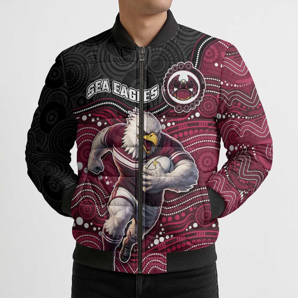 Custom Sea Eagles Bomber Puffer Jacket Bird Mascot With Aboriginal Indigenous
