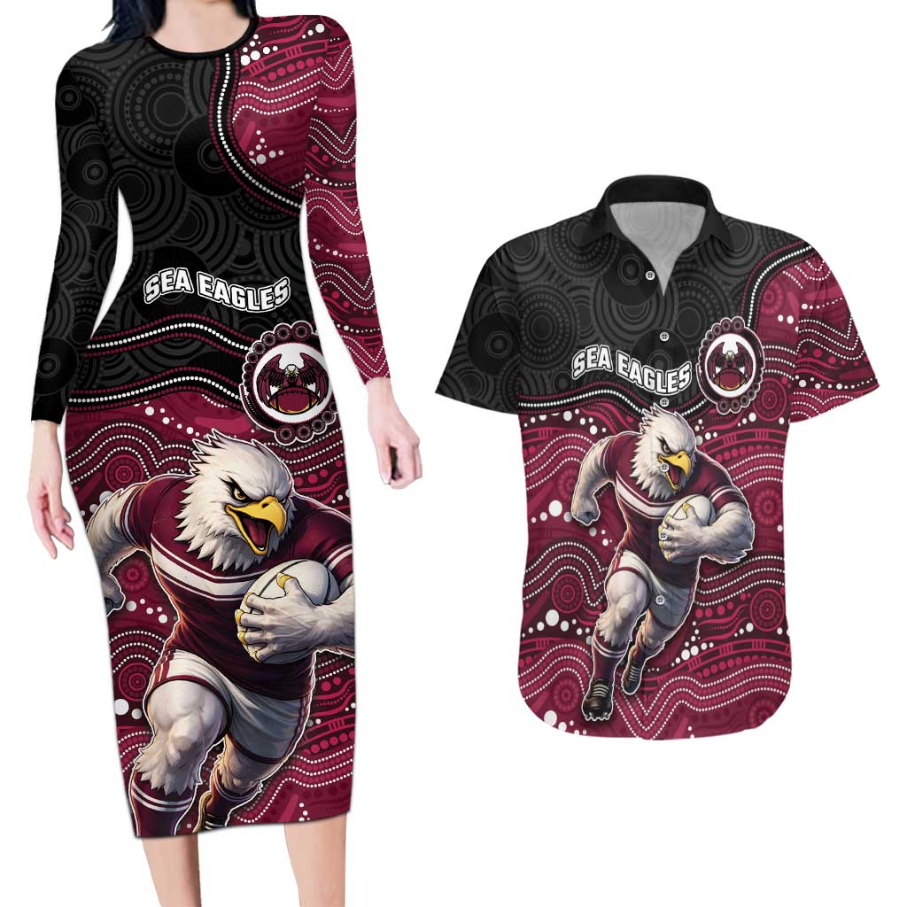 Custom Sea Eagles Couples Matching Long Sleeve Bodycon Dress and Hawaiian Shirt Bird Mascot With Aboriginal Indigenous