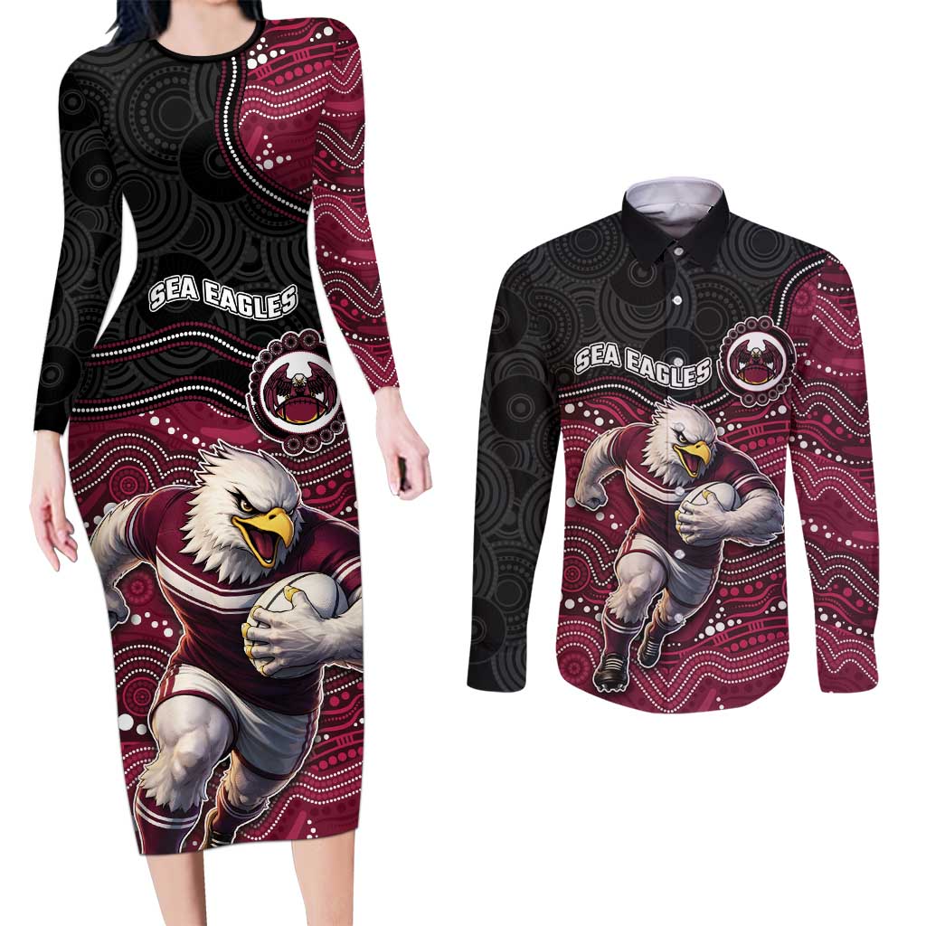 Custom Sea Eagles Couples Matching Long Sleeve Bodycon Dress and Long Sleeve Button Shirt Bird Mascot With Aboriginal Indigenous