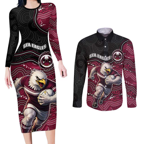 Custom Sea Eagles Couples Matching Long Sleeve Bodycon Dress and Long Sleeve Button Shirt Bird Mascot With Aboriginal Indigenous