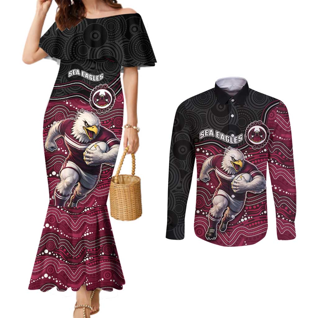 Custom Sea Eagles Couples Matching Mermaid Dress and Long Sleeve Button Shirt Bird Mascot With Aboriginal Indigenous