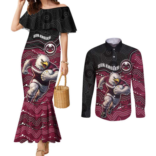 Custom Sea Eagles Couples Matching Mermaid Dress and Long Sleeve Button Shirt Bird Mascot With Aboriginal Indigenous