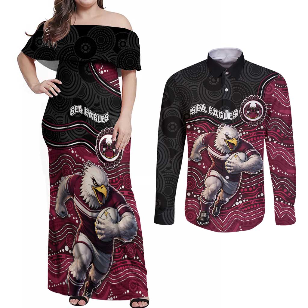 Custom Sea Eagles Couples Matching Off Shoulder Maxi Dress and Long Sleeve Button Shirt Bird Mascot With Aboriginal Indigenous