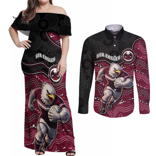 Custom Sea Eagles Couples Matching Off Shoulder Maxi Dress and Long Sleeve Button Shirt Bird Mascot With Aboriginal Indigenous