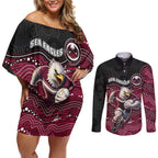 Custom Sea Eagles Couples Matching Off Shoulder Short Dress and Long Sleeve Button Shirt Bird Mascot With Aboriginal Indigenous