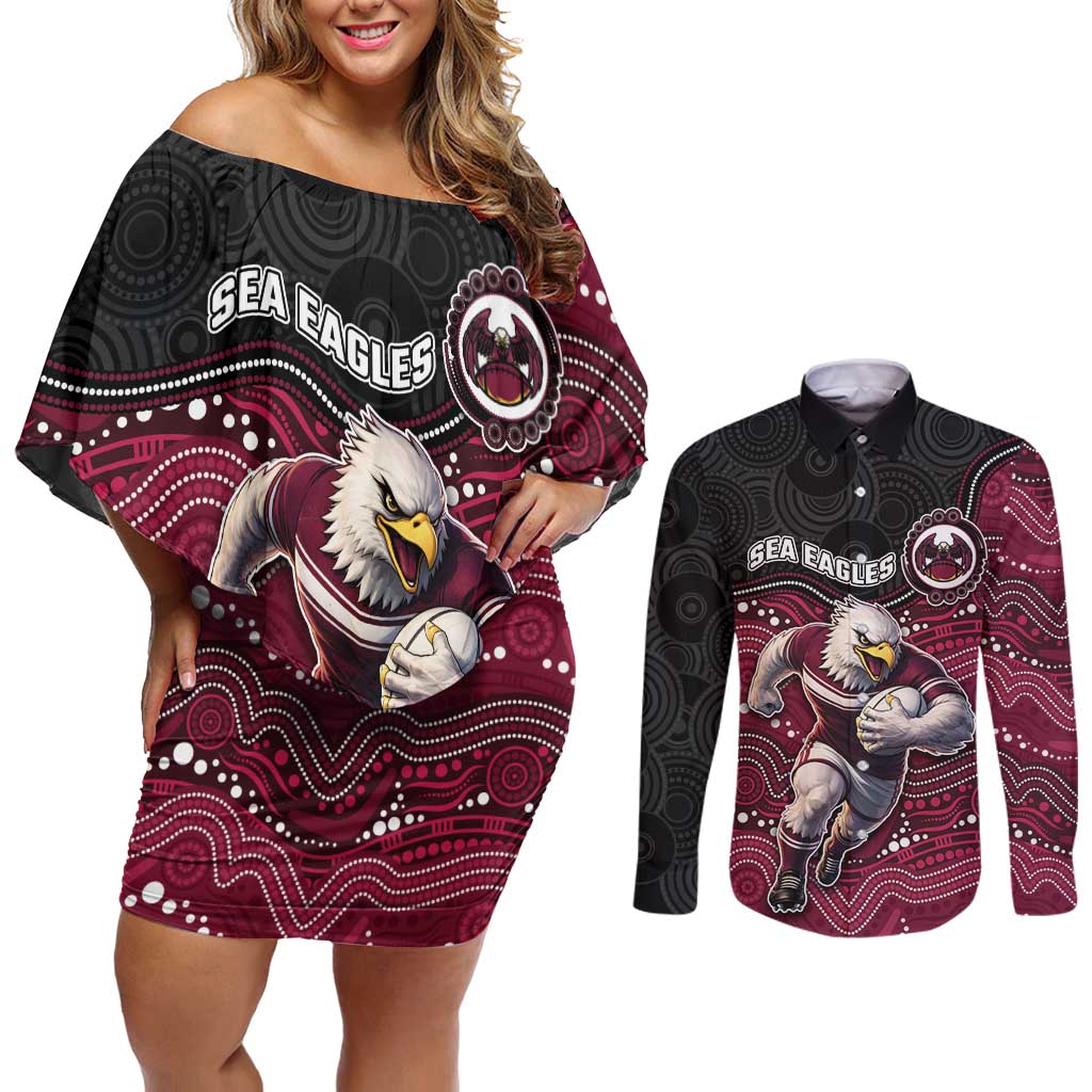 Custom Sea Eagles Couples Matching Off Shoulder Short Dress and Long Sleeve Button Shirt Bird Mascot With Aboriginal Indigenous