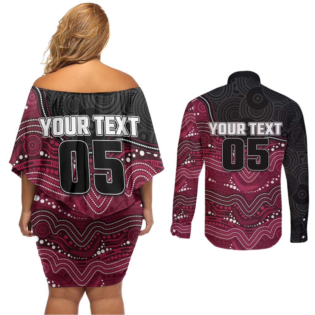 Custom Sea Eagles Couples Matching Off Shoulder Short Dress and Long Sleeve Button Shirt Bird Mascot With Aboriginal Indigenous