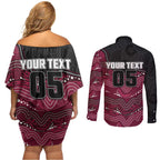 Custom Sea Eagles Couples Matching Off Shoulder Short Dress and Long Sleeve Button Shirt Bird Mascot With Aboriginal Indigenous