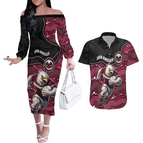 Custom Sea Eagles Couples Matching Off The Shoulder Long Sleeve Dress and Hawaiian Shirt Bird Mascot With Aboriginal Indigenous