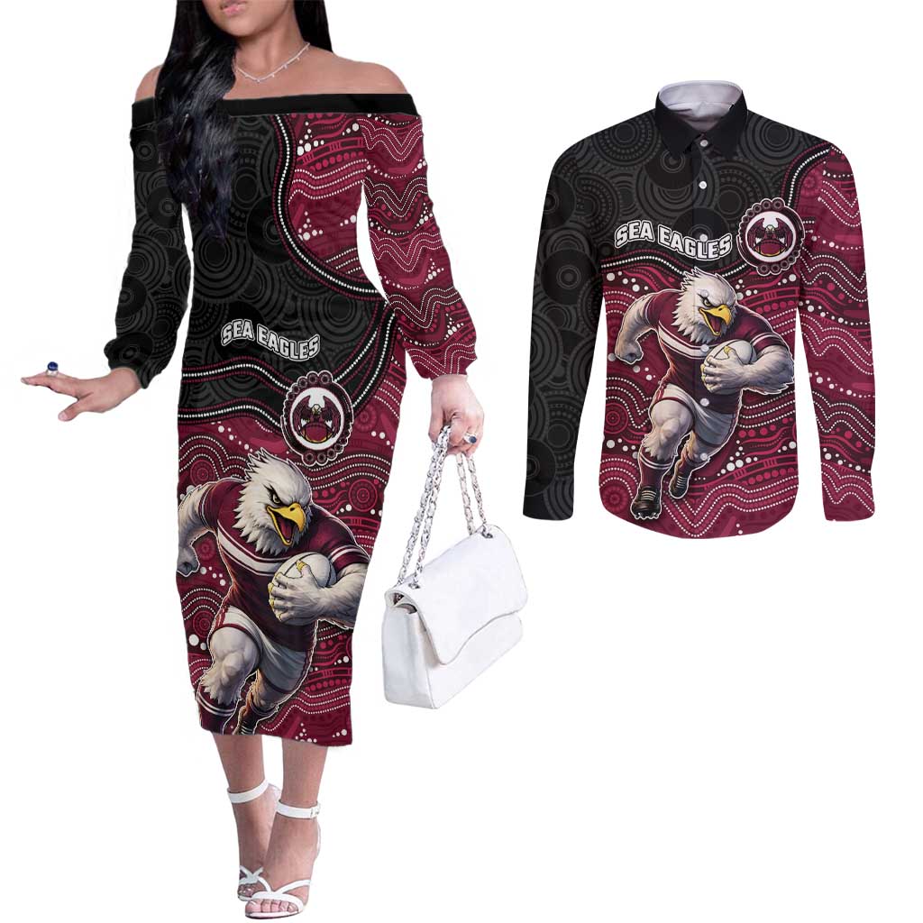 Custom Sea Eagles Couples Matching Off The Shoulder Long Sleeve Dress and Long Sleeve Button Shirt Bird Mascot With Aboriginal Indigenous