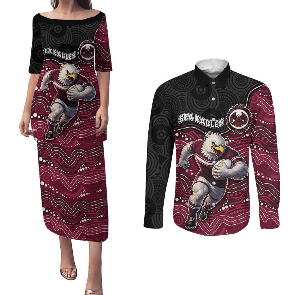 Custom Sea Eagles Couples Matching Puletasi and Long Sleeve Button Shirt Bird Mascot With Aboriginal Indigenous