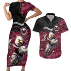 Custom Sea Eagles Couples Matching Short Sleeve Bodycon Dress and Hawaiian Shirt Bird Mascot With Aboriginal Indigenous