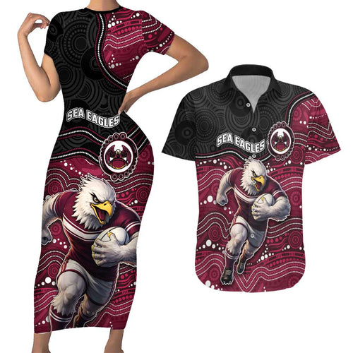 Custom Sea Eagles Couples Matching Short Sleeve Bodycon Dress and Hawaiian Shirt Bird Mascot With Aboriginal Indigenous