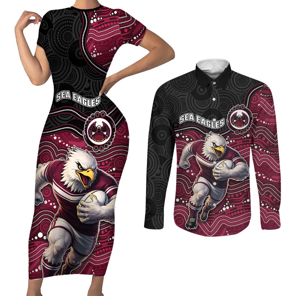 Custom Sea Eagles Couples Matching Short Sleeve Bodycon Dress and Long Sleeve Button Shirt Bird Mascot With Aboriginal Indigenous