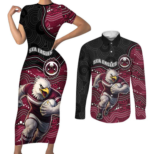 Custom Sea Eagles Couples Matching Short Sleeve Bodycon Dress and Long Sleeve Button Shirt Bird Mascot With Aboriginal Indigenous