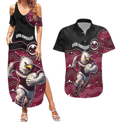 Custom Sea Eagles Couples Matching Summer Maxi Dress and Hawaiian Shirt Bird Mascot With Aboriginal Indigenous
